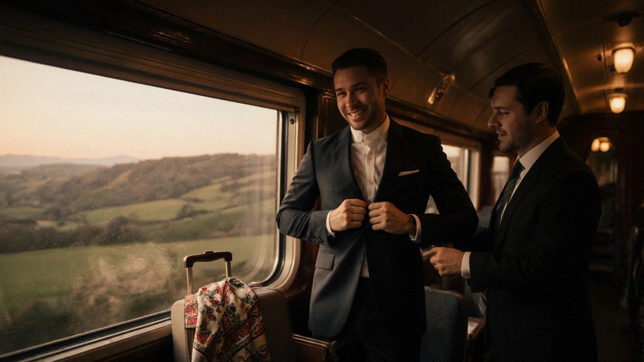 A man borrows a blazer from a concierge, smiling as he prepares for dinner on a luxury train.