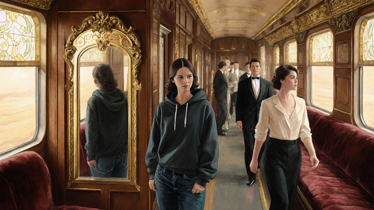 A passenger in jeans stands out among elegantly dressed travelers in a vintage train corridor.