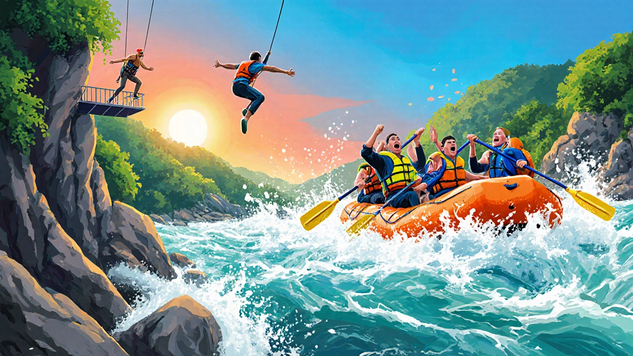 Adventurers white‑water rafting and bungee jumping over the Ganges in Rishikesh