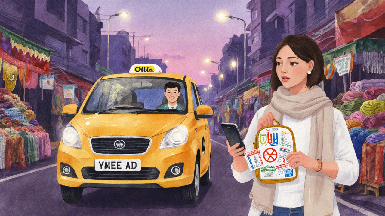App‑based cab at dusk with traveler holding medical kit and vaccination cards.
