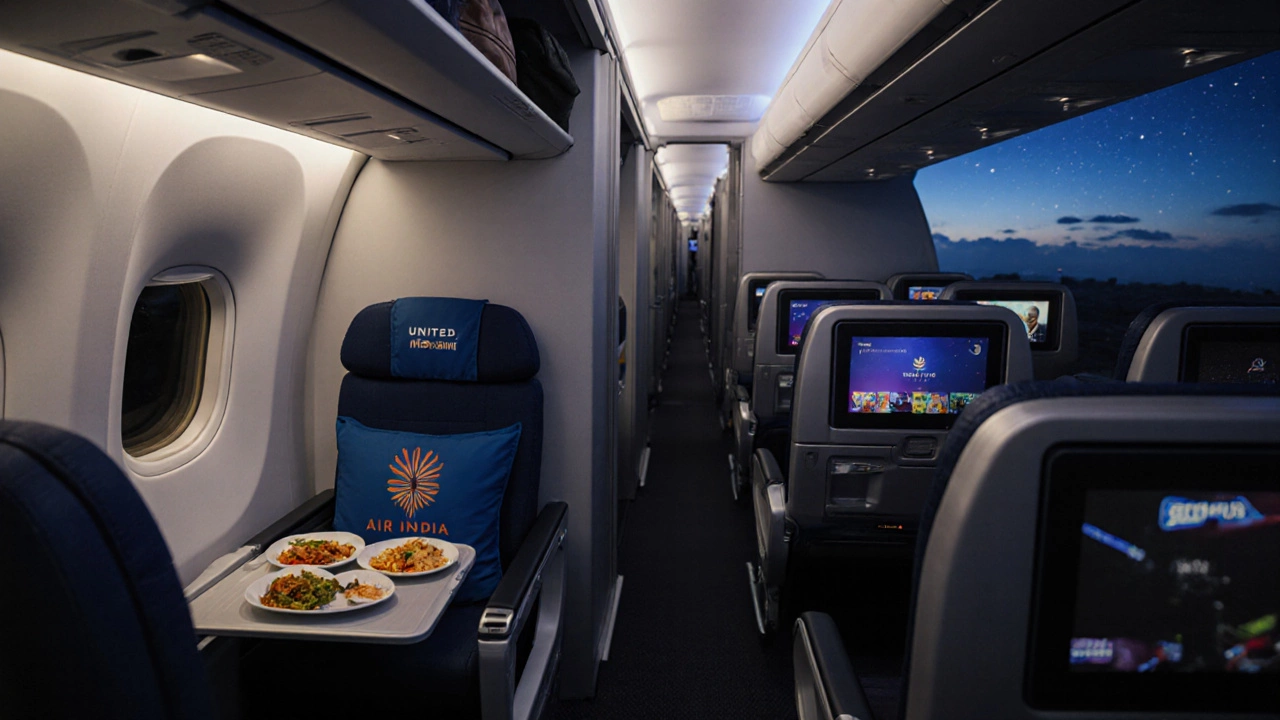 Cabin interior showing Air India and United seats with meals, Wi‑Fi, and luggage.