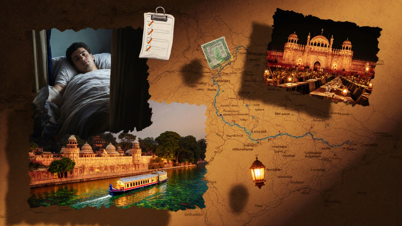 Cinematic collage of a night train, Kerala houseboat, and rooftop dinner illustrating a two‑week Indian itinerary.