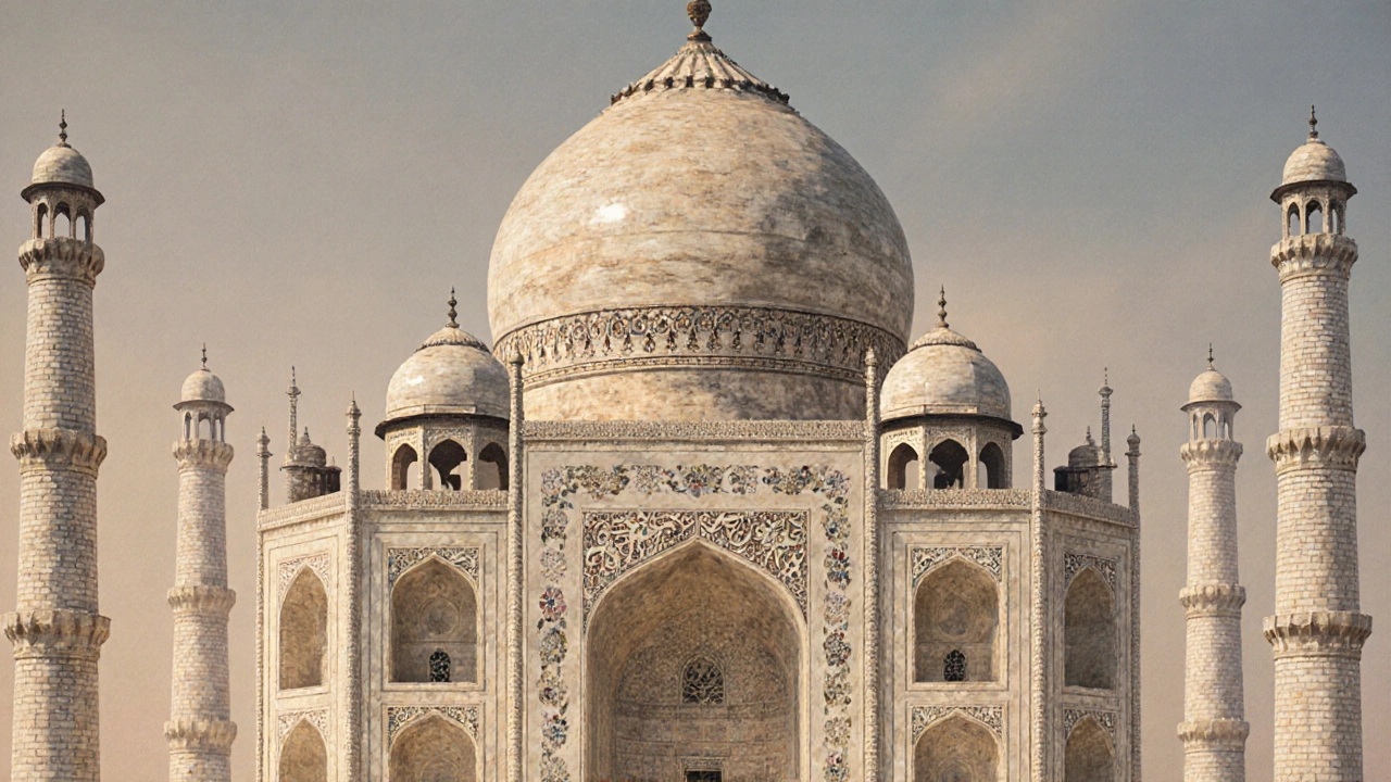 Close‑up of Taj Mahal dome showing marble inlay and Persian calligraphy.
