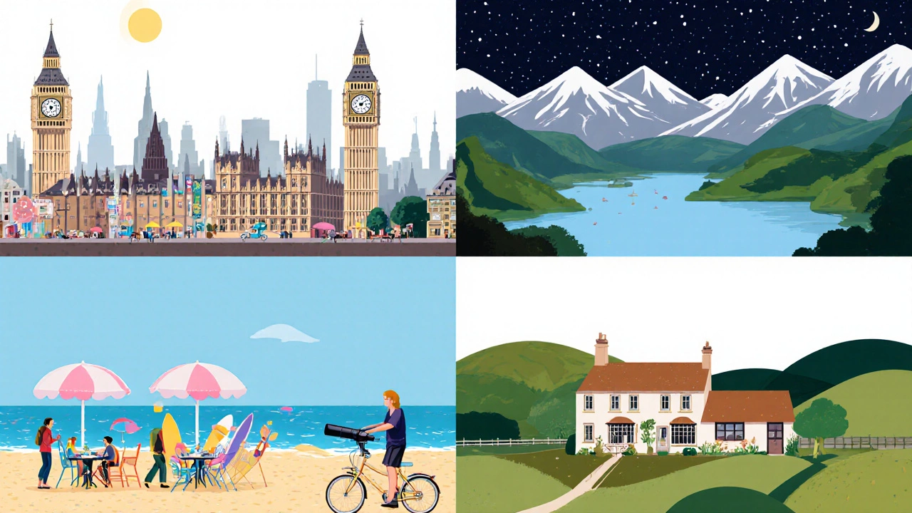 Collage showing city skyline, mountain trail, beach, and countryside cottage representing getaway types.