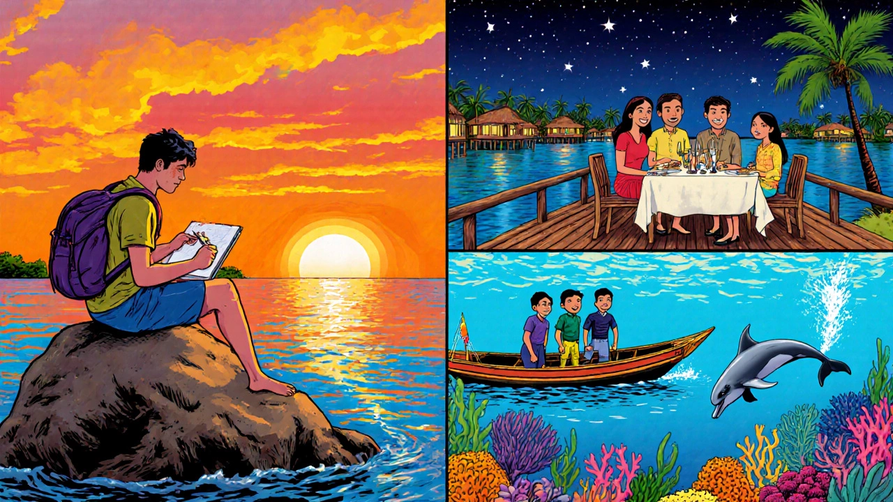 Comic‑style collage showing solo traveler, couple, family and diver on Indian islands.