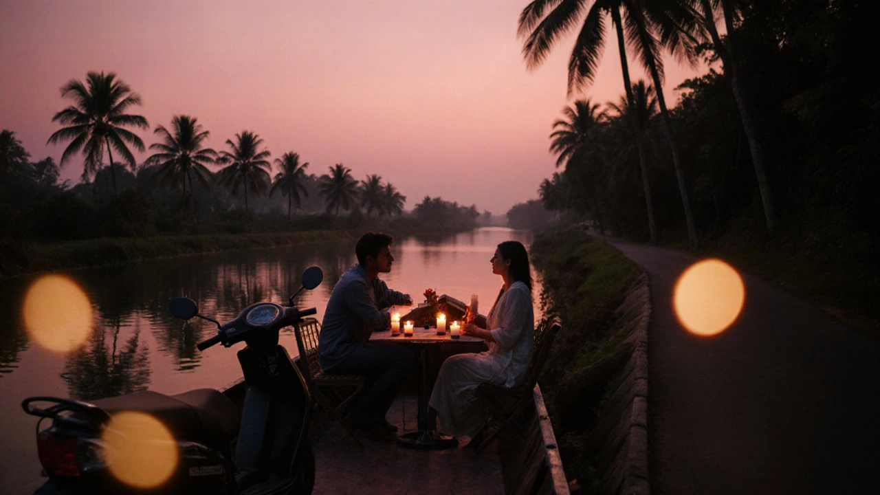 Couple on a candlelit houseboat at sunset with nearby scooter on coffee farm road.
