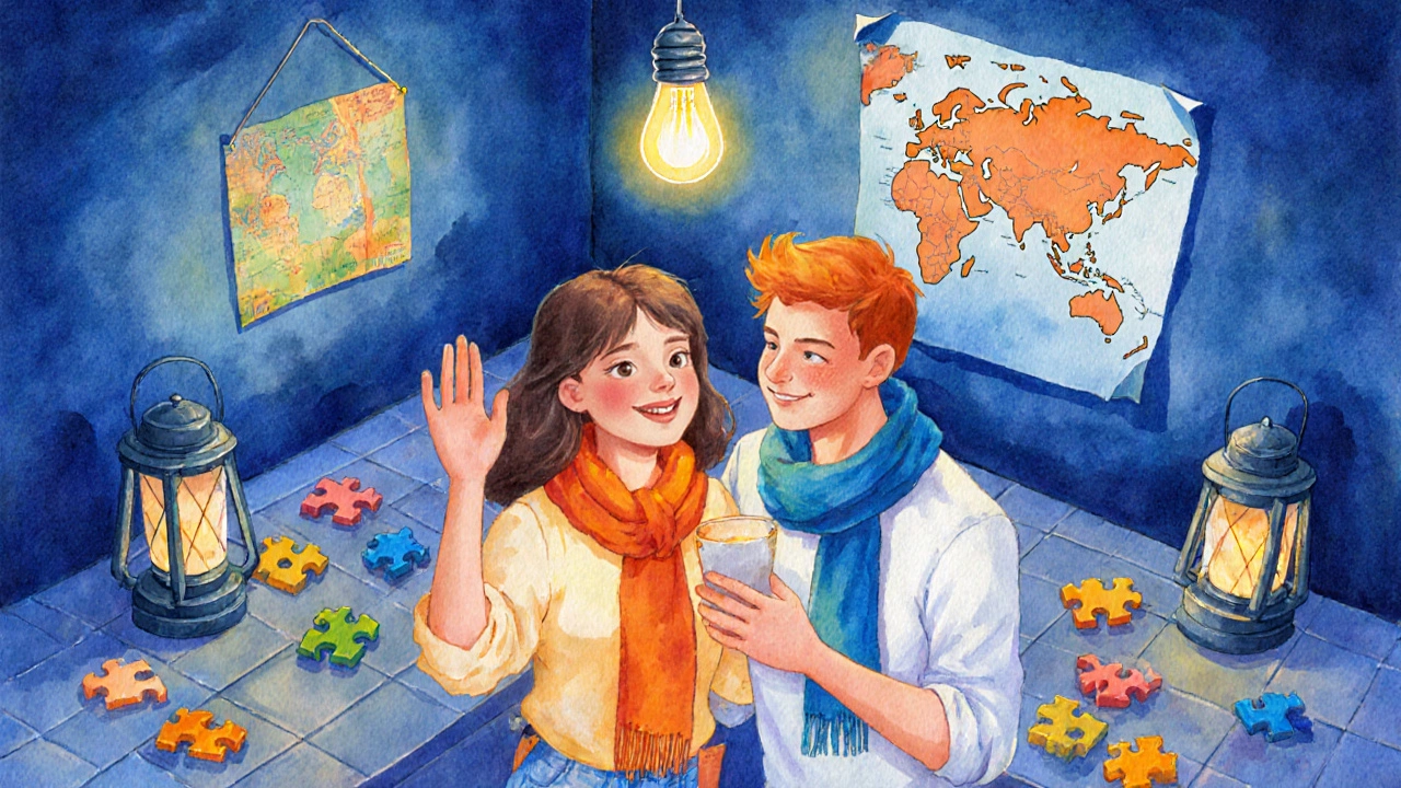Couple solving puzzles during a playful adventure night.