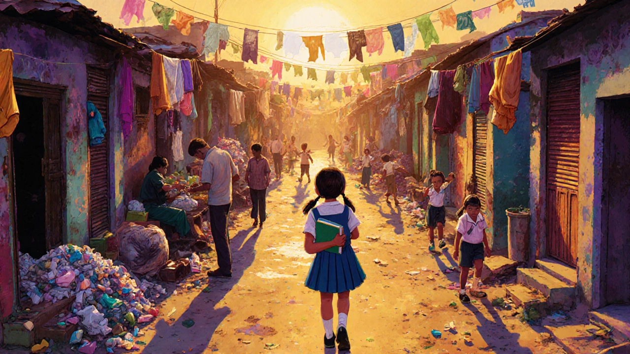 Dharavi slum at sunset with small workshops and children playing amid vibrant daily life.