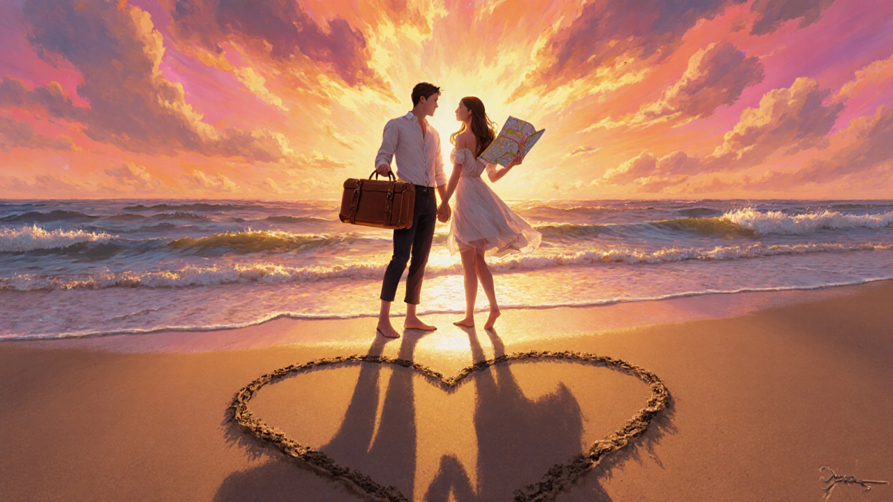 Digital art of a couple on a sunset beach holding a suitcase and map, symbolizing honeymoon adventure.