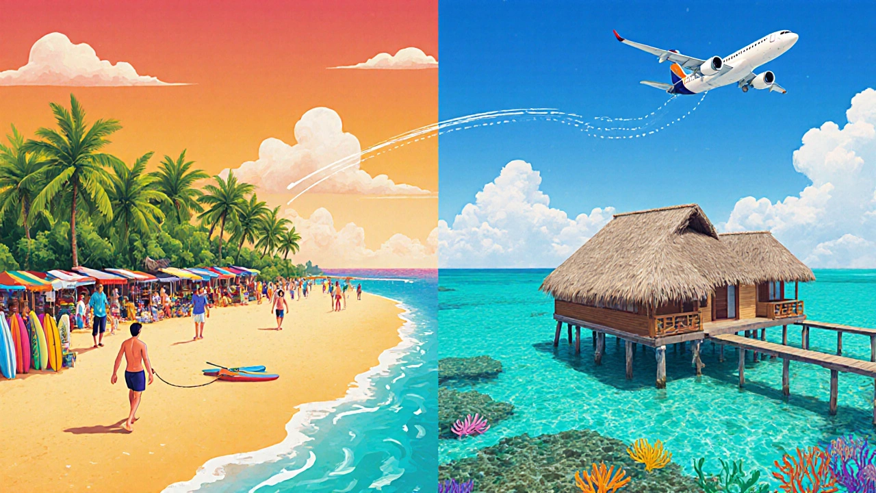 Digital art of a traveler moving from a Goa beach to a Maldivian over‑water villa.