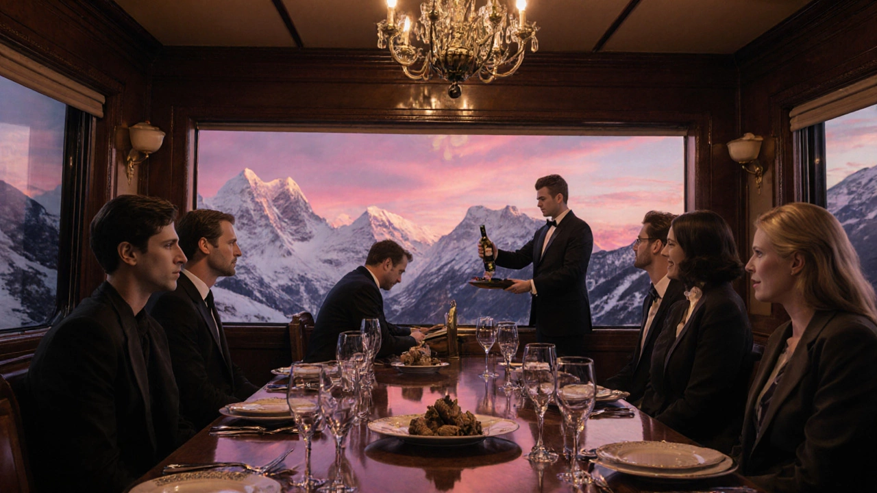Elegant dining car of Venice Simplon‑Orient‑Express with guests, piano, and Alpine backdrop.
