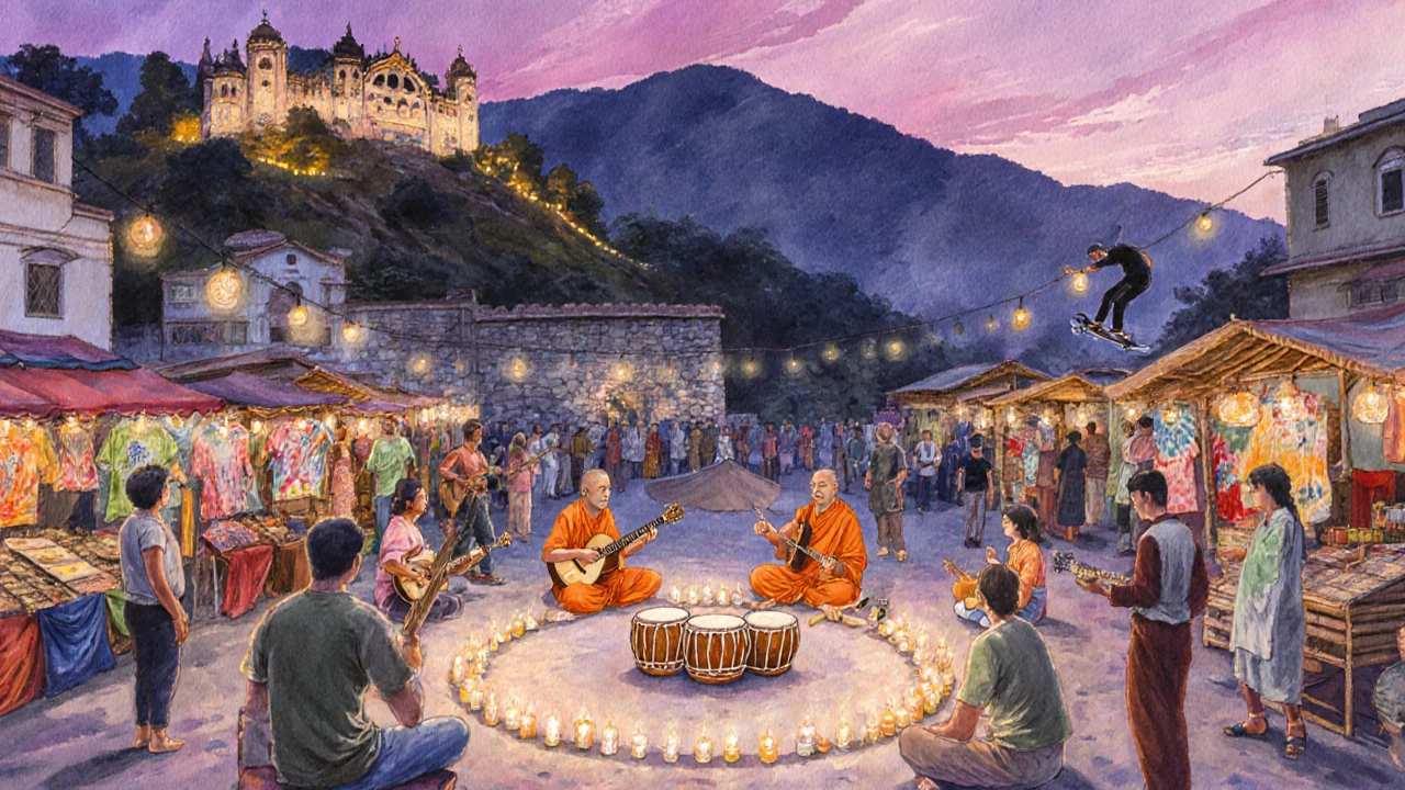 Evening drum circle, street food, and tie‑dye market under lanterns in Rishikesh