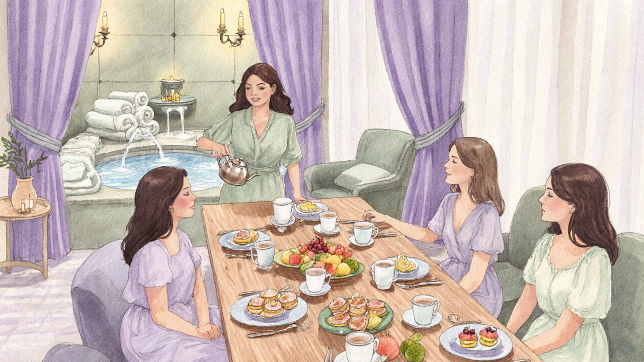 Friends enjoying brunch in a pastel‑colored boutique hotel lounge with spa elements.