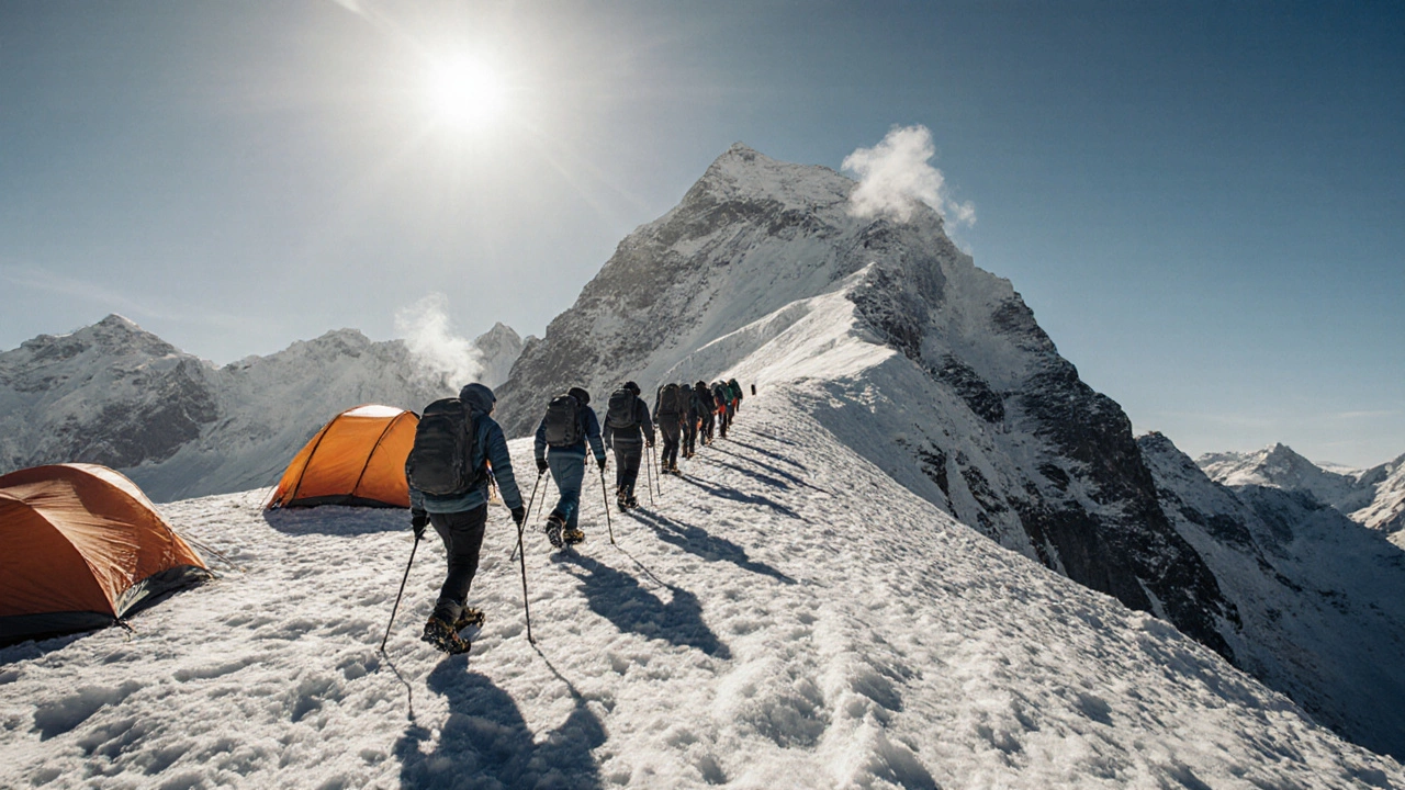 High‑altitude climbers navigating a snowy ridge near the summit with a bivouac tent.