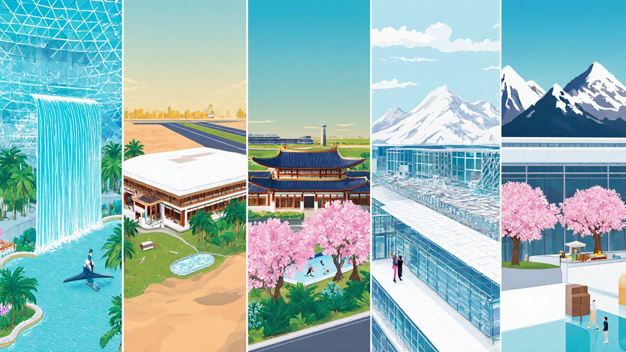 Illustrated collage of five top airports highlighting their signature attractions.