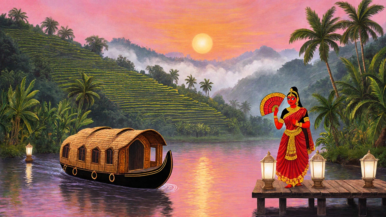 Kerala sunrise on backwaters with houseboat, tea hills, and Kathakali dancer.