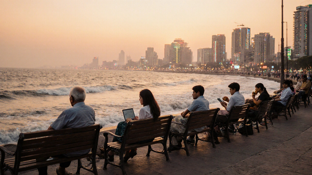 Marine Drive at sunset with people on benches as Mumbai's skyline glows behind the sea.