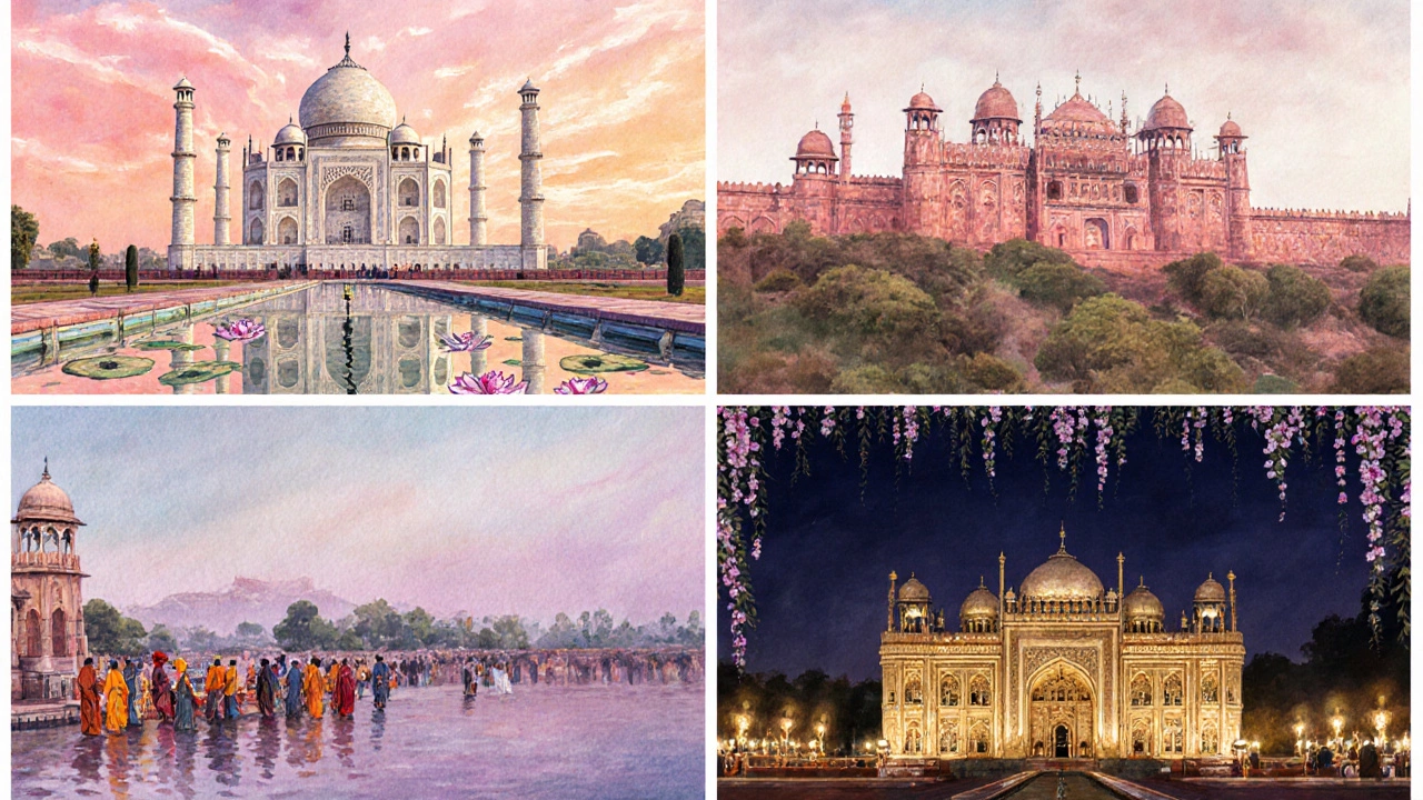 Montage of Taj Mahal, Amber Fort, Varanasi ghats, and Mysore Palace representing top Indian heritage cities.