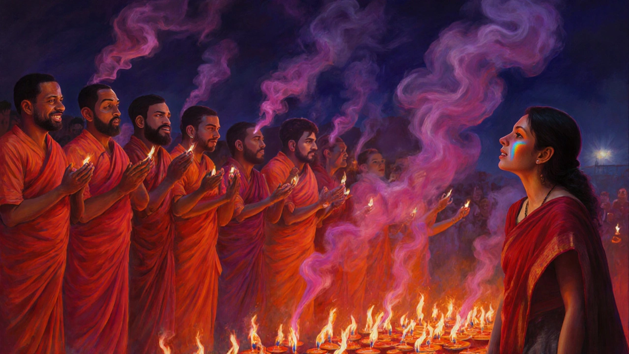 Night Aarti ceremony with fire lamps, chanting priests, and a tourist shedding a tear.