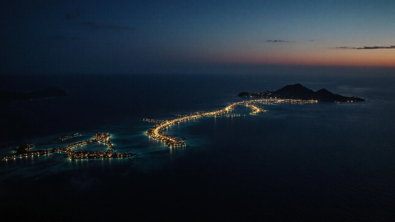 Night aerial view of illuminated Maldives islands against dark Indian backdrop.