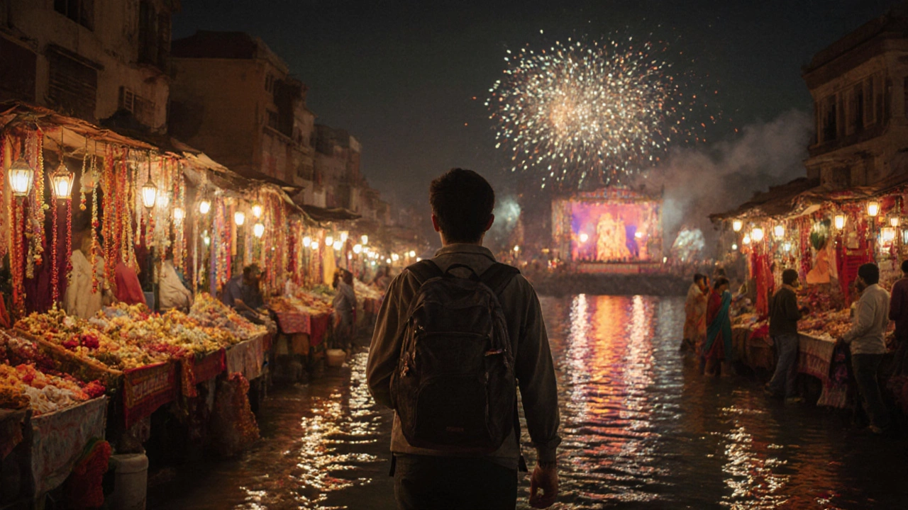 Night market scene with a lone traveler, lanterns, and cultural performances near the festival.