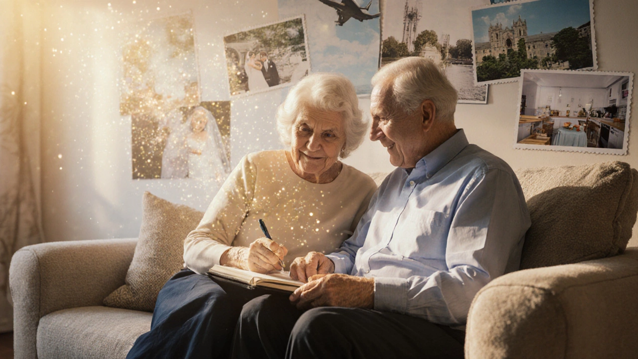 Older couple reading a shared journal with glowing bond particles.