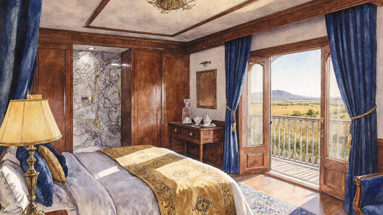Opulent Maharaja Express suite with marble bathroom, teak wardrobe, and veranda view.