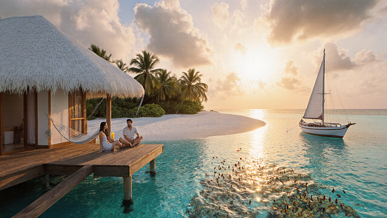 Over‑water bungalow on Bangaram Island at sunrise with couple on deck.