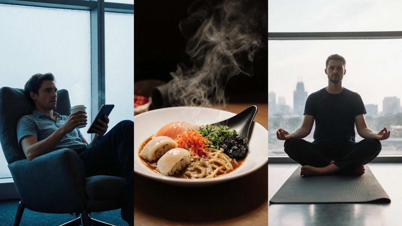 Passenger relaxing in lounge, eating sushi, and doing yoga during a layover.