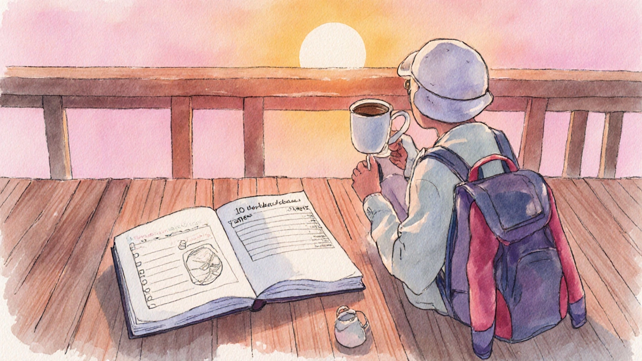 Person relaxing with coffee on a balcony at sunset, holding a simple itinerary and lightweight backpack.