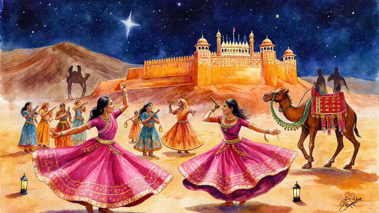 Rajasthan desert festival at night with dancers, fort, and Dal Baati Churma.