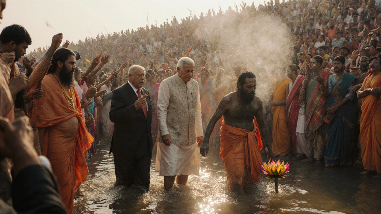 Royal Bath ceremony with dignitaries, sadhus, and cheering crowds at the river.
