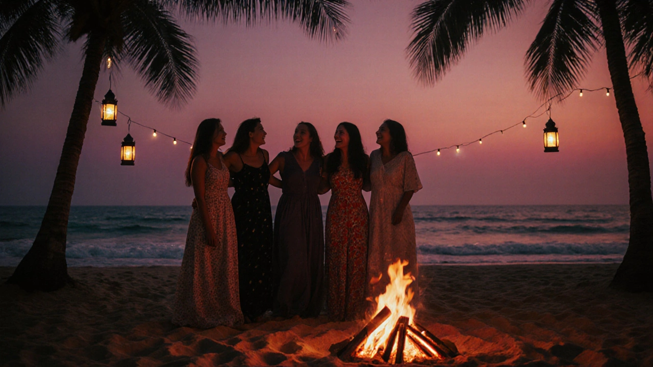 Silhouetted women beside a bonfire on a Goa beach at sunset.