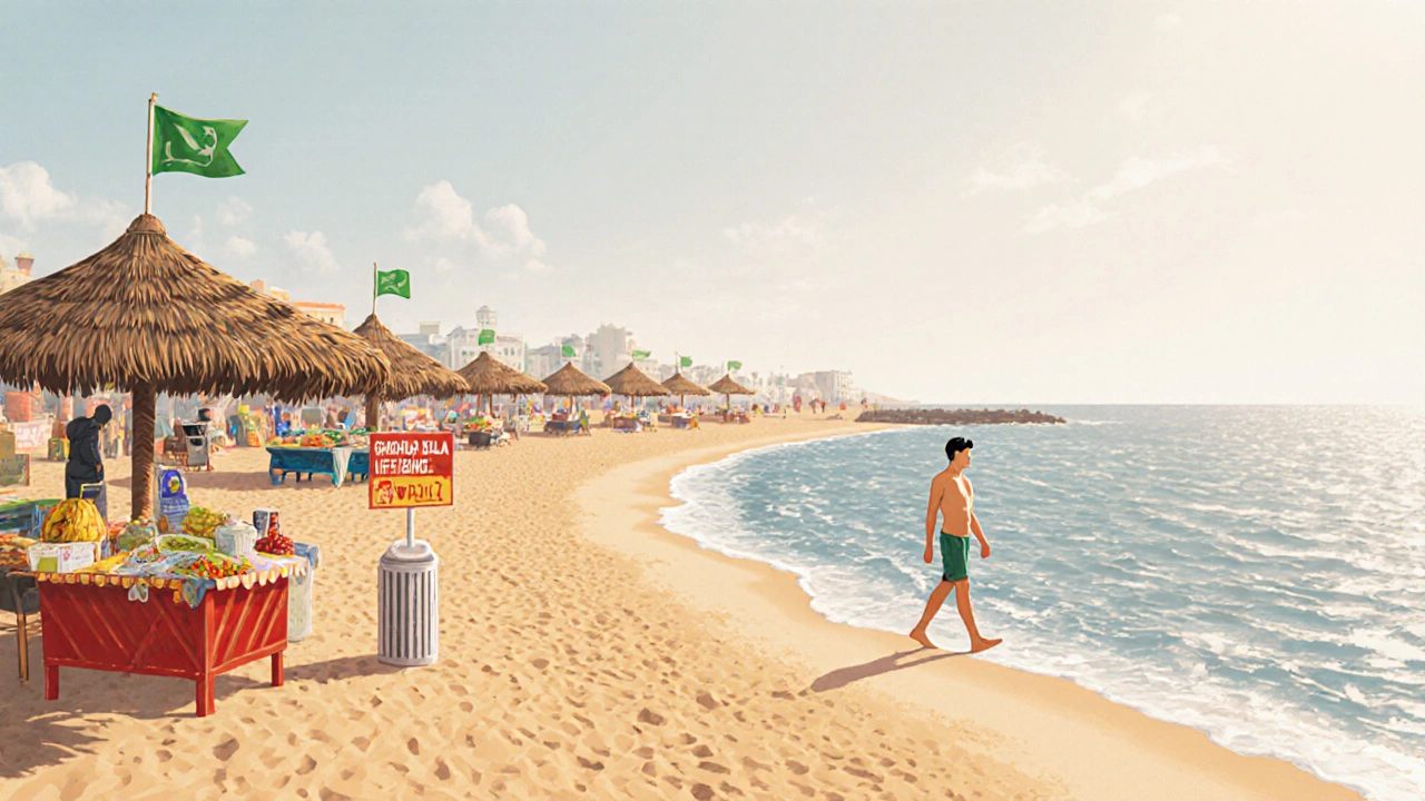 Solo traveler walking along the clean shore of Ghoghla Beach with green safety flags visible.