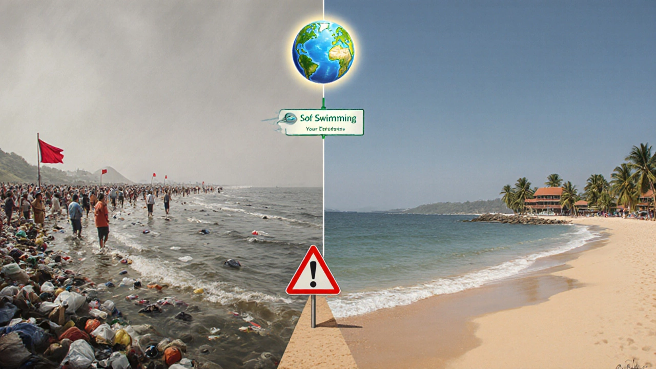 Split image comparing polluted and safe beaches in India, highlighting environmental choice.