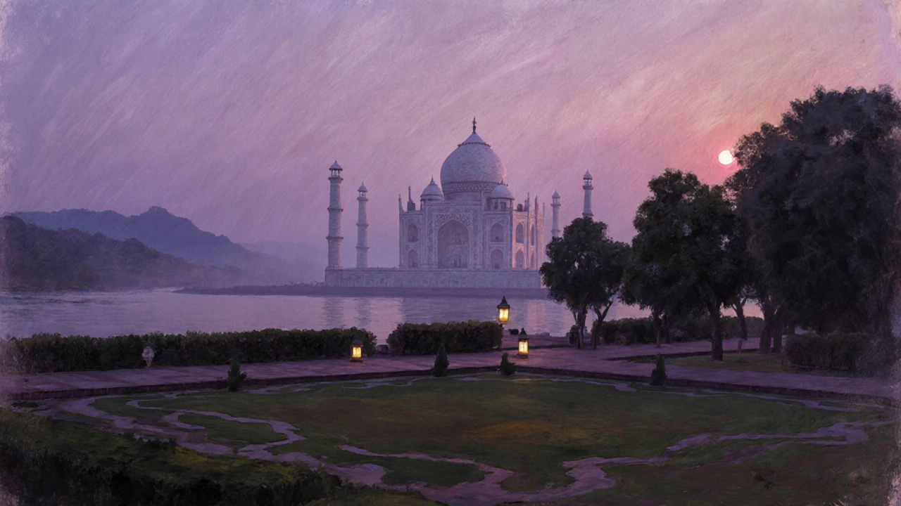 Sunset view of Taj Mahal from Mehtab Bagh garden across the river.