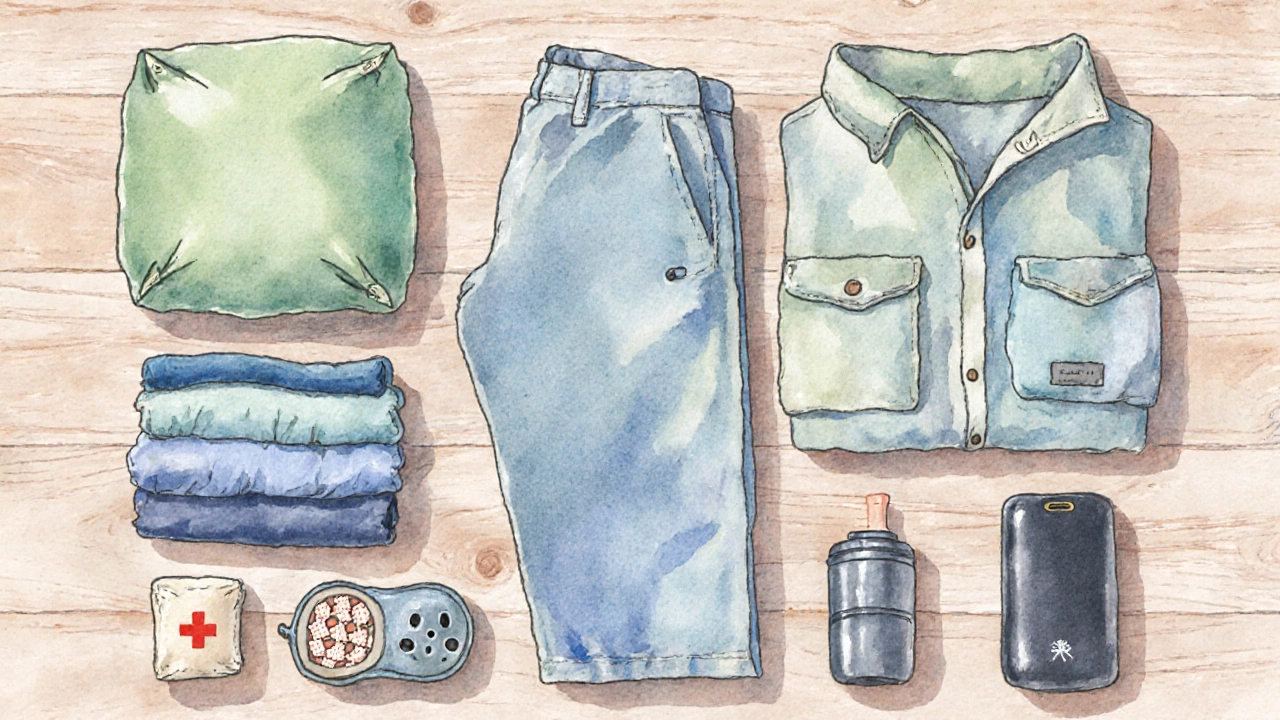 Top‑down view of neatly packed travel items with compression bags and lightweight clothing.