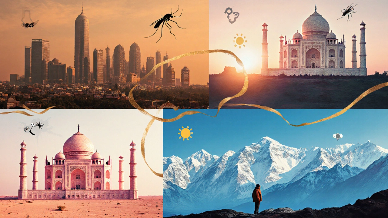 Travel poster showing Delhi, Agra, Jaipur, and Leh‑Ladakh with safety icons.