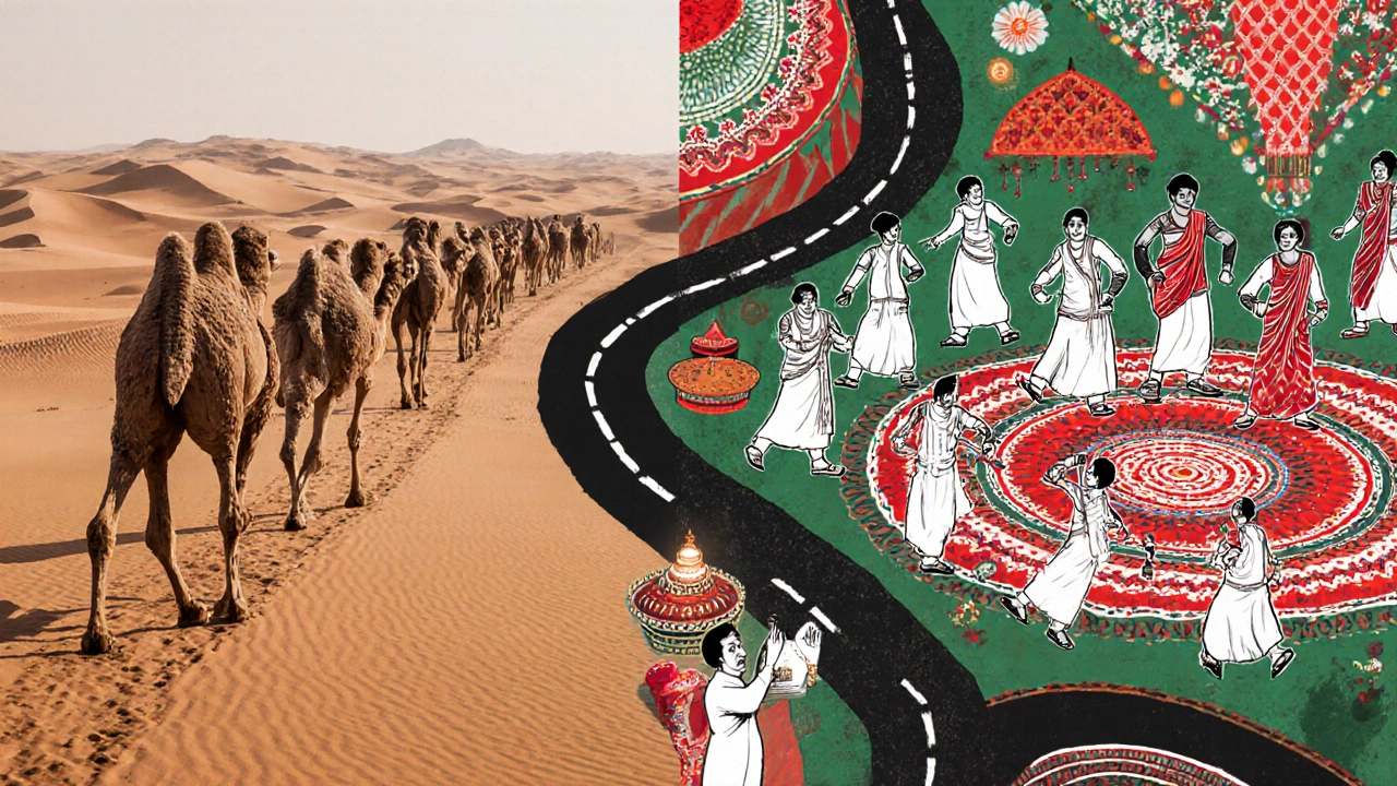 Traveler on a road between Rajasthan desert and Gujarat Garba dance scene.