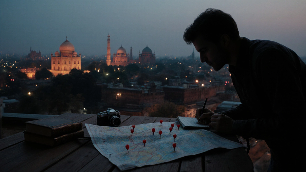 Traveler planning a heritage tour with map and camera, Delhi monuments subtly visible in background.