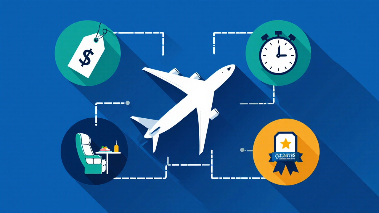 Vector icons illustrating price, travel time, stopovers, in‑flight experience, and loyalty.