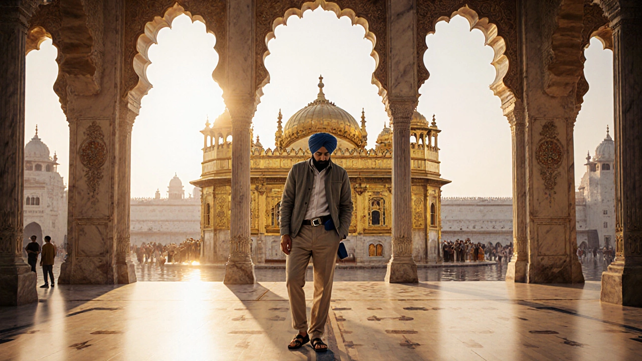 Visitor respectfully enters a golden temple wearing modest clothing and flat sandals.