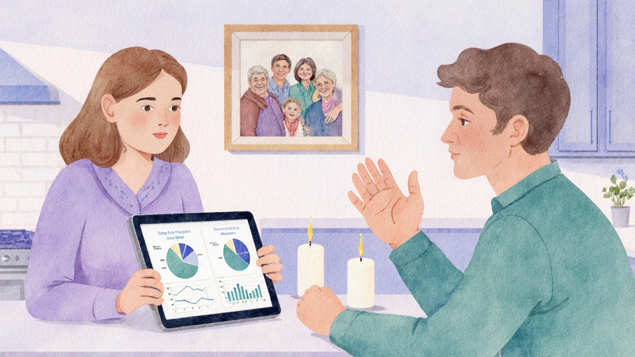 Watercolor of a couple calmly discussing finances and conflict resolution with family photos in the background.