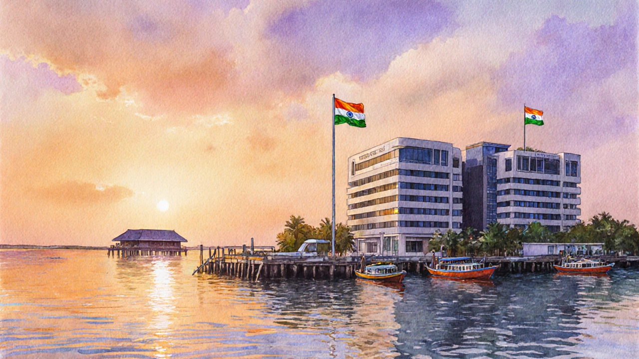 Watercolor of Malé harbor with Indian embassy and Maldives flag at sunset.