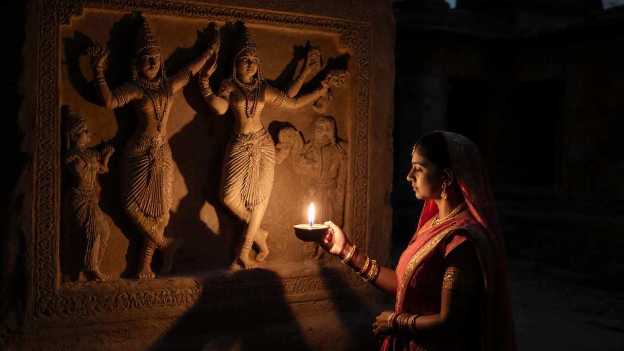 A woman lighting an oil lamp beside ancient temple carvings at dusk in Khajuraho.