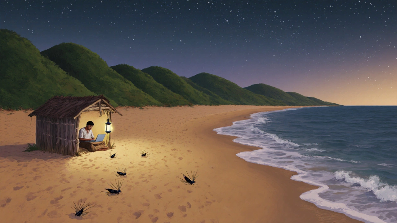 Agonda Beach at dusk with a lone remote worker and lantern-lit shack under stars.