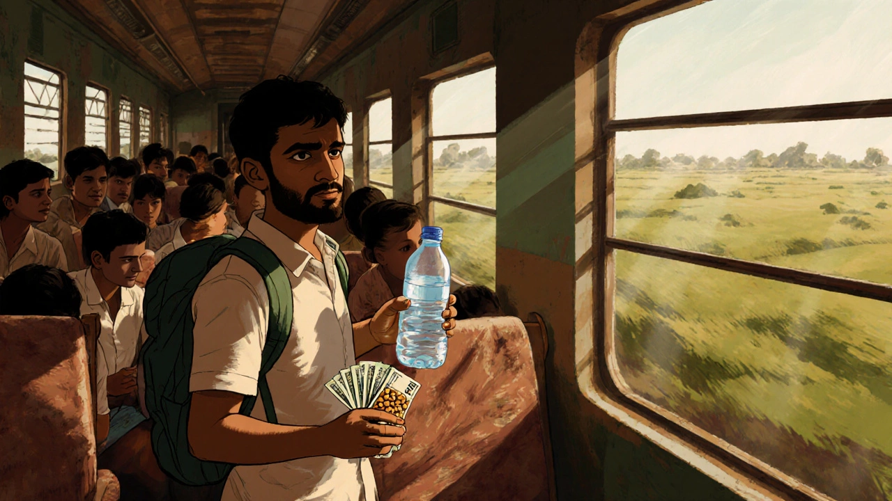 Backpacker boarding a rural Indian train with reusable bottle and snacks, sunlit windows behind