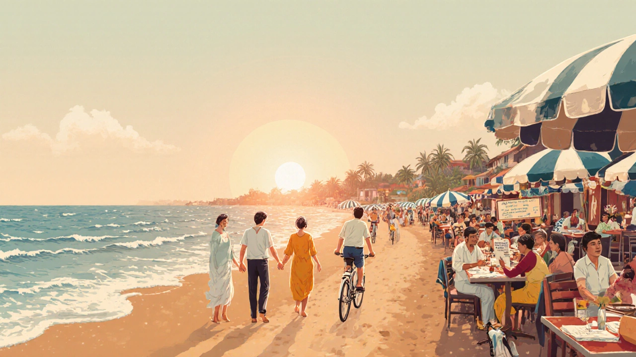 Colva Beach at sunset with couples walking and families biking along the shore.