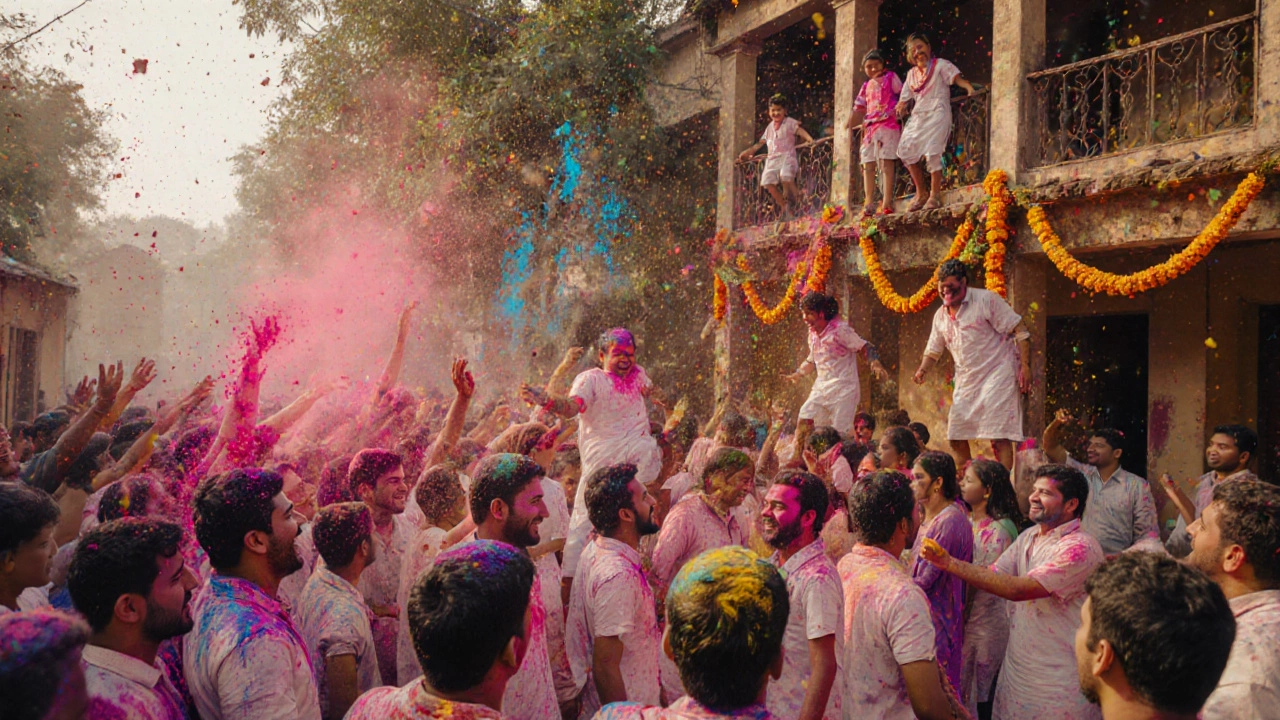 Crowds celebrating Holi in a North Indian village, drenched in colorful powders under morning sun.
