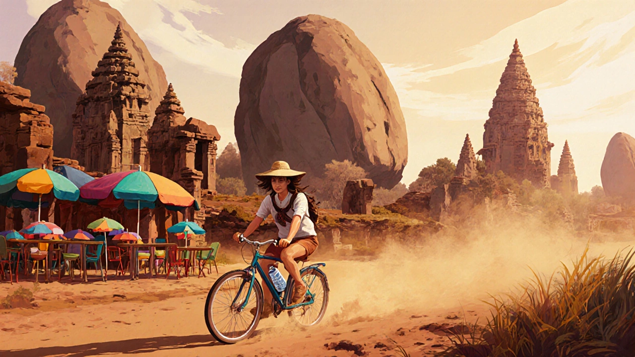 Cyclist riding past ancient ruins in Hampi with boulders and riverside cafes in the background.